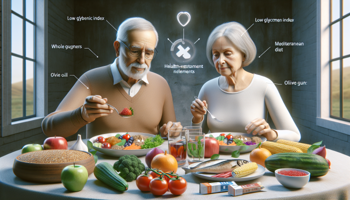 A senior couple enjoying a healthy meal featuring low-GI foods, whole grains, vegetables, olive oil, and fish.