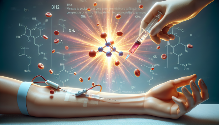 A syringe drawing blood with a glowing Vitamin B12 molecule in the foreground, clinical setting.
