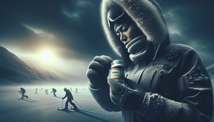 An athlete taking a vitamin D supplement under a cloudy sky in a cold climate.