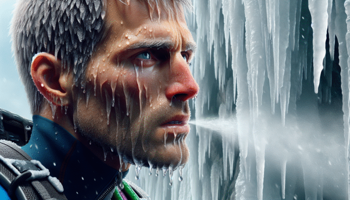 An athlete ice climbing, exhaling vapor, illustrating signs of dehydration in cold weather.