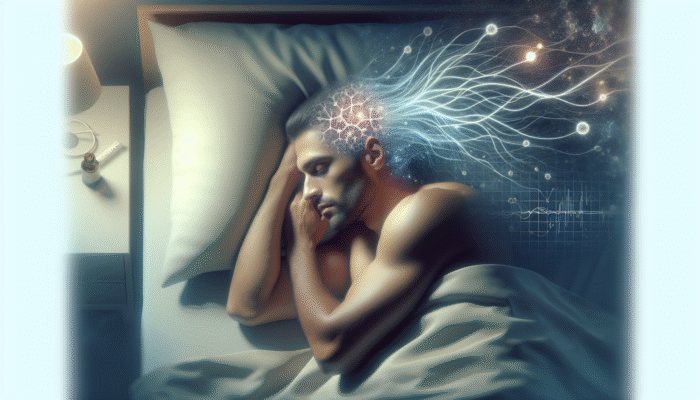 How Sleep Impacts Your Hair Quality: A person in deep sleep with new hair follicles growing, surrounded by a glowing aura of growth hormones.