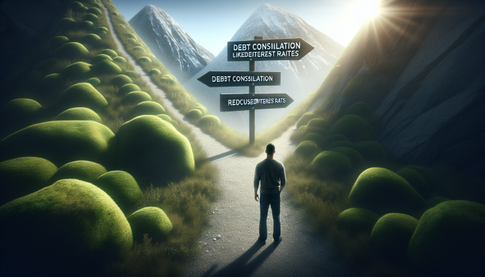Is Debt Consolidation a Scam or Legit: A UK Guide | DCL A person at a crossroads between paths to 'Reduced Interest Rates' and 'Risks', symbolizing debt consolidation.