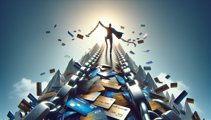 Is Debt Consolidation a Scam or Legit: A UK Guide | DCL A person breaking free from high-interest debt chains, atop credit cards, path to debt consolidation and lower rates.