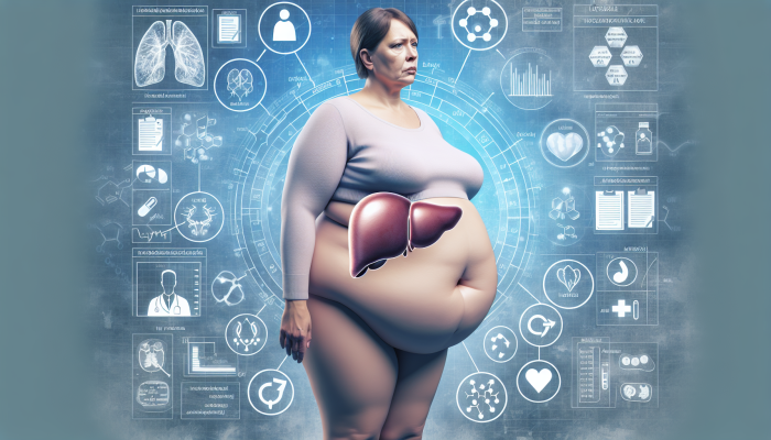 An obese menopausal woman with enlarged, inflamed liver due to NAFLD, surrounded by medical and hormonal charts.