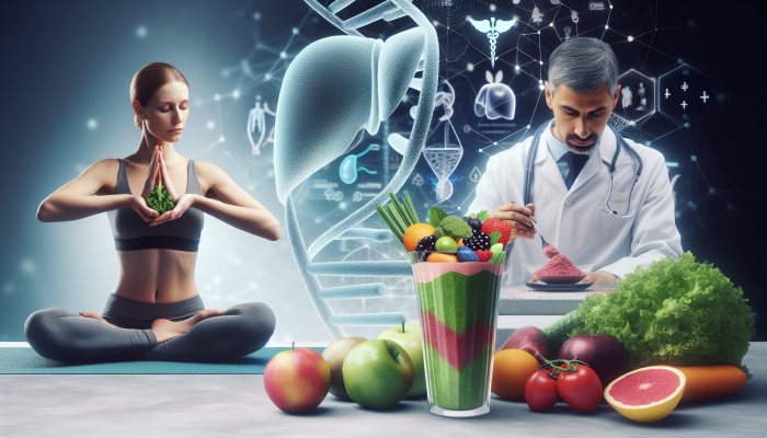 A woman practicing yoga and eating healthily, with medical symbols and a doctor reviewing a health plan in the background.