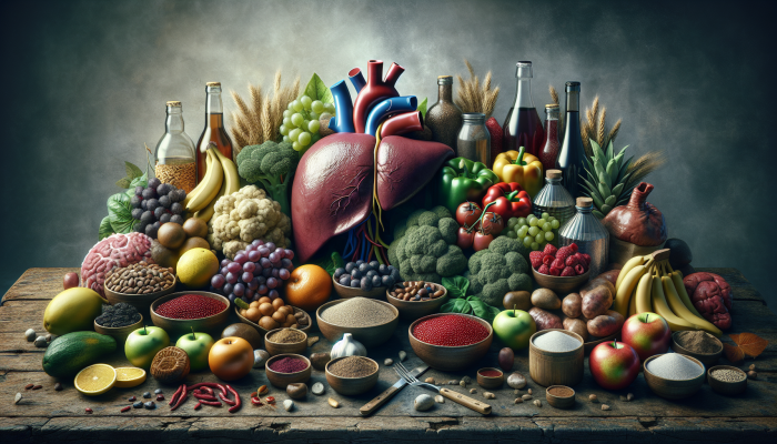 A healthy liver with whole foods like fruits, vegetables, grains, contrasted by alcohol bottles and sugary drinks on a rustic table.