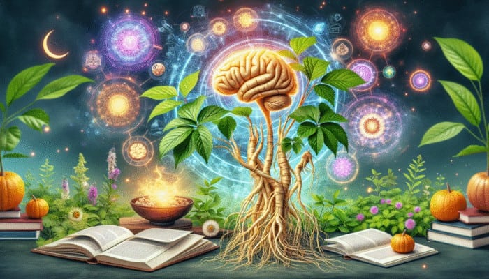 Herbs to Reduce Mental Fatigue: Illustration of Panax ginseng roots and leaves with symbols of mental clarity in a serene natural setting.