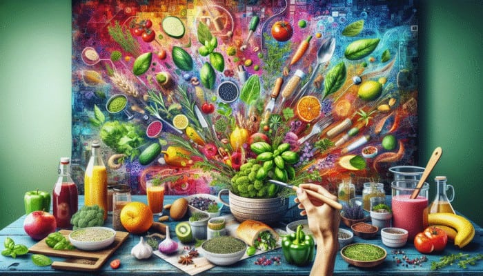 A colorful kitchen scene with herbs like basil, rosemary, and thyme enhancing meals, smoothies, and teas.