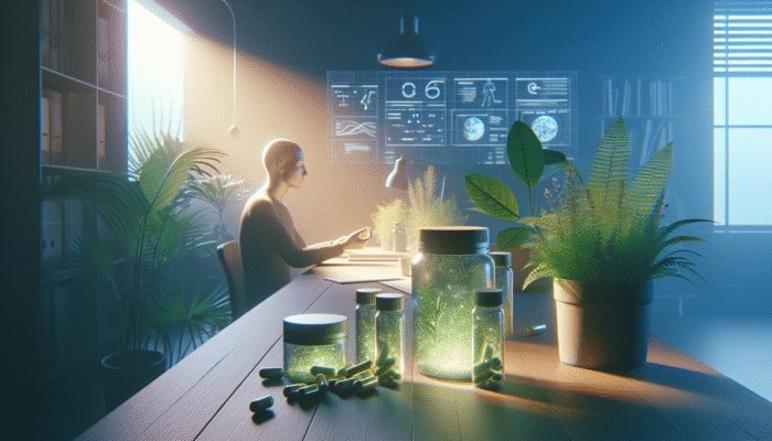 Person taking ginseng, rosemary, and peppermint capsules at a serene, plant-filled workspace.
