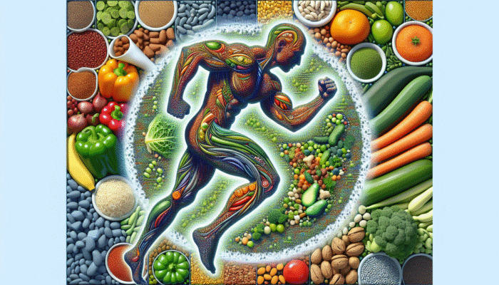 A collage of vegan foods like leafy greens, nuts, and legumes around an athlete silhouette.