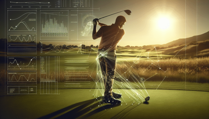 A golfer perfecting swing on a lush green course at sunset, with motion lines showing swing path.