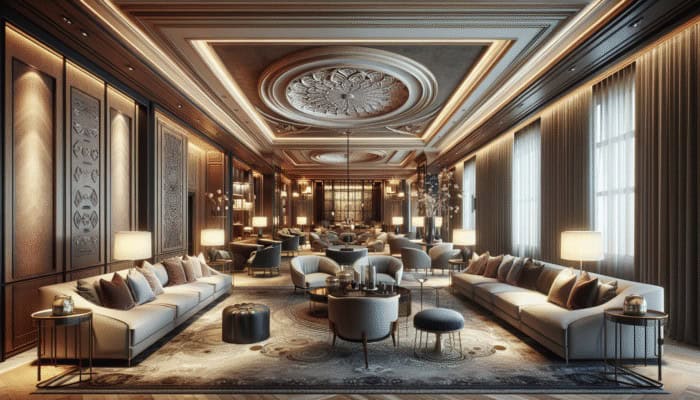 Elegant interior of Franklin Lounge Delano with high ceilings, plush sofas, and cozy seating in deep tones and soft accents.
