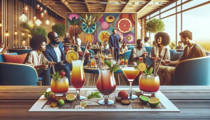 Colorful non-alcoholic mocktails with fruits and herbs at Franklin Lounge Delano, enjoyed by diverse patrons in a lively daytime setting.