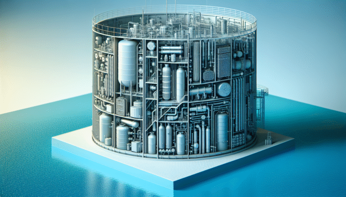 Modern water storage tank showcasing cross-section of stainless steel, concrete, and PVC materials with blue water.