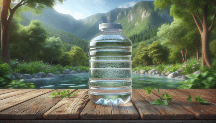 Clear BPA-free plastic water container filled with sparkling water on a rustic table, surrounded by lush greenery.