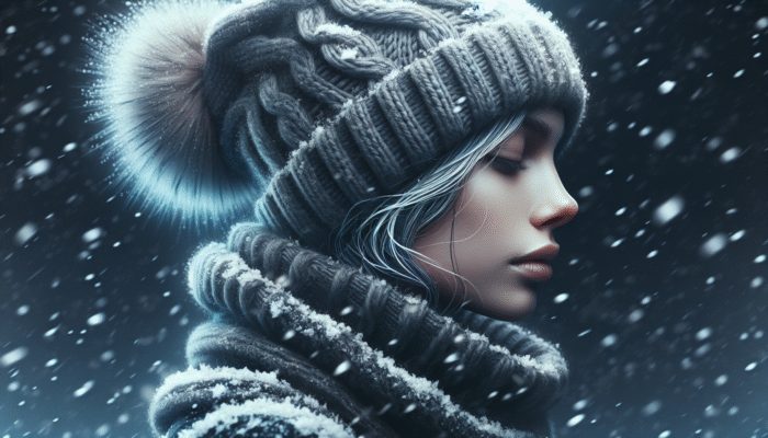 A person wearing a breathable wool hat amidst snowflakes, showcasing healthy hair.
