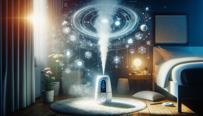 Modern humidifier in a bedroom emitting mist, enhancing air moisture for improved skin and hair health.