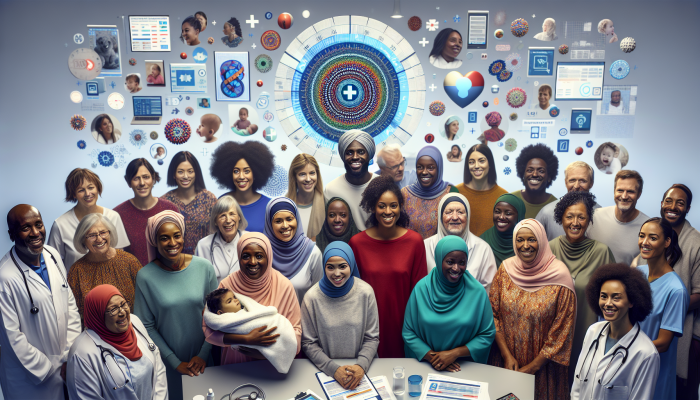 A diverse group of UK women with health insurance documents, surrounded by symbols of maternity, reproductive health, and counseling.