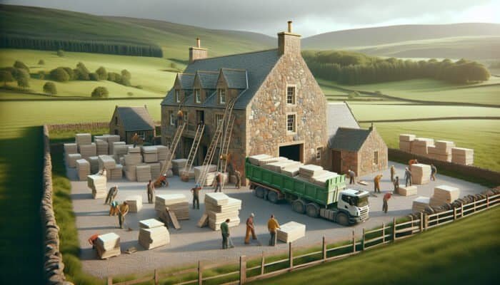A rustic farmhouse in Fife with workers unloading Clermont Gris limestone, enhancing its elegance.