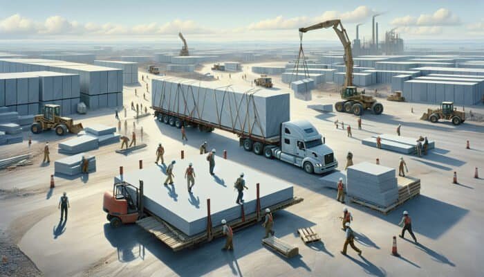 Truck delivering Clermont Gris limestone slabs to a construction site in Fife, workers unloading under the clear sky.