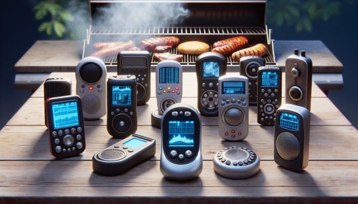 Various BBQ flavor scanners on a wooden table, from simple handheld to advanced models, near a smoky grill.