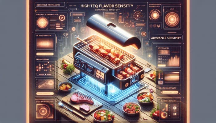 High-tech BBQ flavor scanner showing detailed profiles for meats, vegetables on modern interface at outdoor grilling setup.