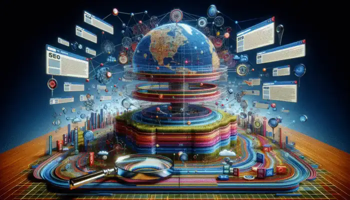 A digital landscape with layered, vibrant web pages and magnifying glasses focusing on SEO details.