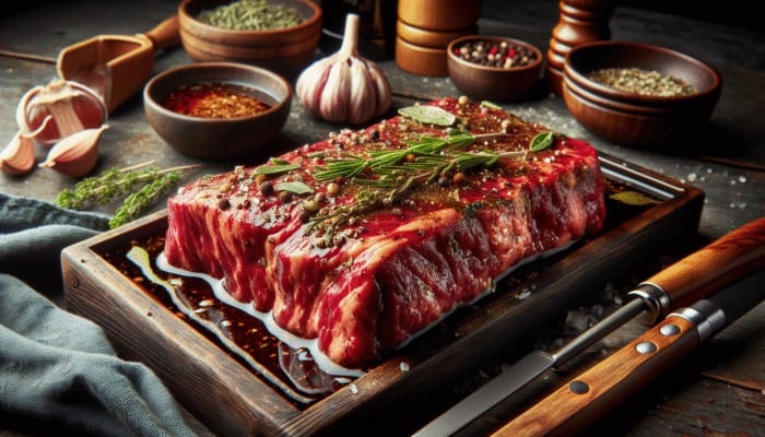 Wagyu beef marinating with herbs and spices on a wooden table, ready for grilling.