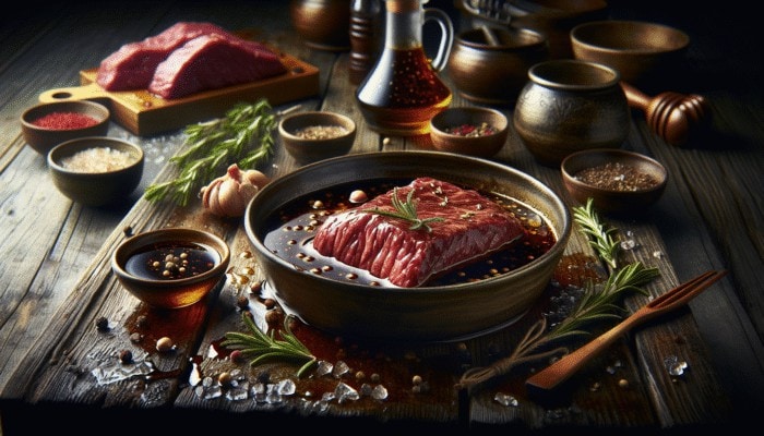 Wagyu beef marinating in soy sauce, mirin, sesame oil, with rosemary and thyme in a rustic kitchen.