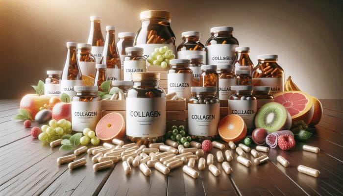 Bottles and capsules of collagen supplements on a wooden table with fruits and vegetables.