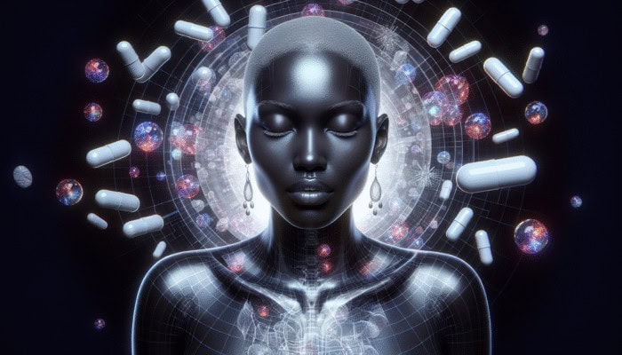 Postmenopausal woman with glowing skin and strong bones, surrounded by bovine collagen capsules.