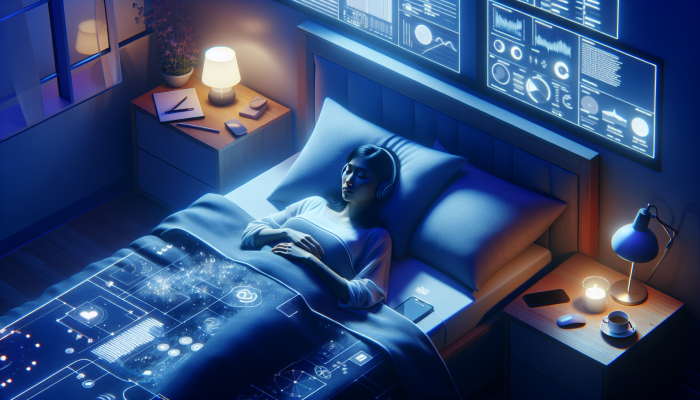 Person in bed using meditation app, headphones on, in a serene, softly lit bedroom at night.