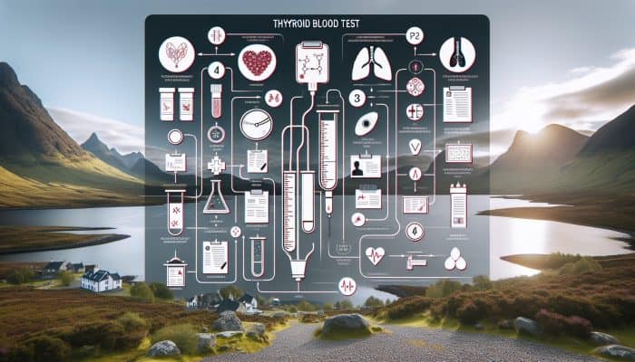 Infographic showing thyroid blood test process with Inverness landscapes and medical icons.