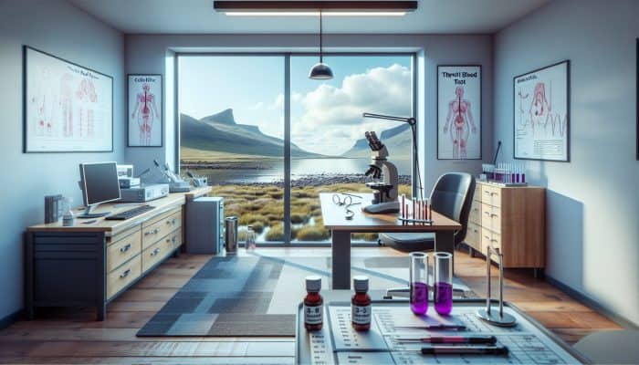 Infographic of thyroid blood test procedure in modern Inverness clinic with Scottish landscape view.