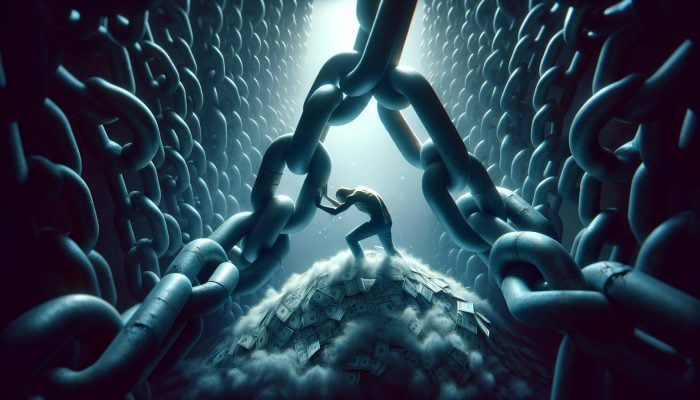 How Debt Consolidation Helps You Sleep Better: A Guide to Financial Peace | DCL Abstract visualization of debt as chains affecting sleep, with shadows and distant light symbolizing hope.