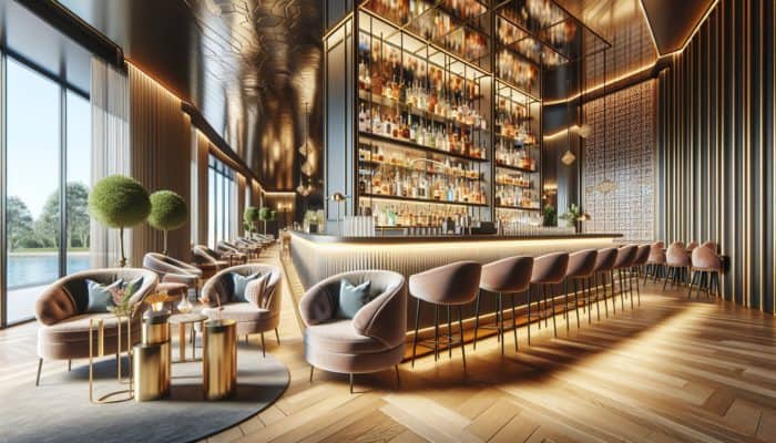 Best Pub Crawl Stops Near Caesars Palace: A modern bar interior with plush seating, stylish decor, and a diverse range of local craft beverages.