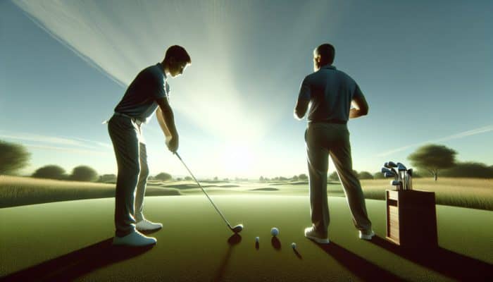 Beginner golfer analyzing swing with coach on green course, using two-piece ball for straighter shots.