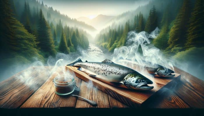 Salmon smoking on Western Red Cedar plank, with sweet smoke, in Pacific Northwest forest.