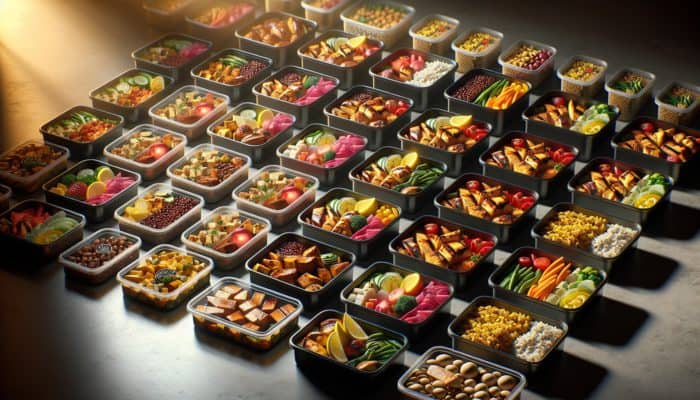 Diverse meal prep containers with protein-rich foods like chicken, tofu, quinoa, lentils on a modern kitchen counter.