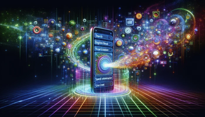 Smartphone showcasing search results with zero-click answers, surrounded by optimization tips icons on a futuristic background.