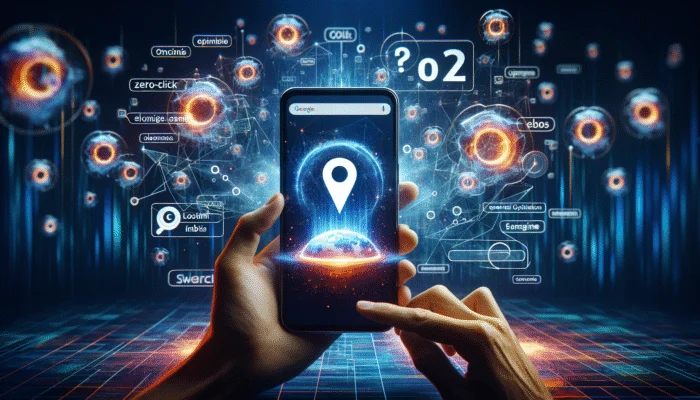 Smartphone displaying zero-click search results with optimization tips icons on a vibrant digital background.