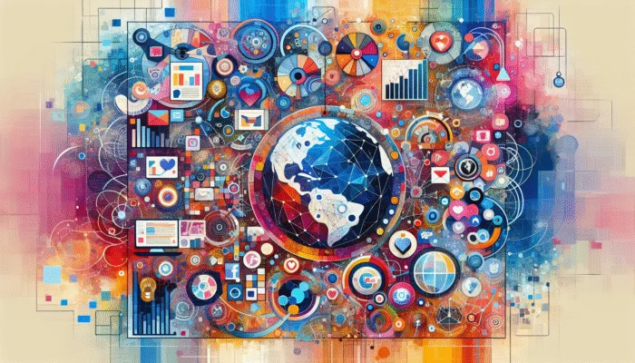 A vibrant collage of social media icons, graphs, and global symbols on a colorful background, illustrating universal strategies for trending topics.