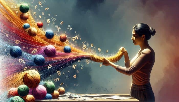 debt consolidation benefits for small business owners | DCL Illustrating the advantages of debt consolidation for small business owners, depicted by a small business owner merging debts into one golden thread.