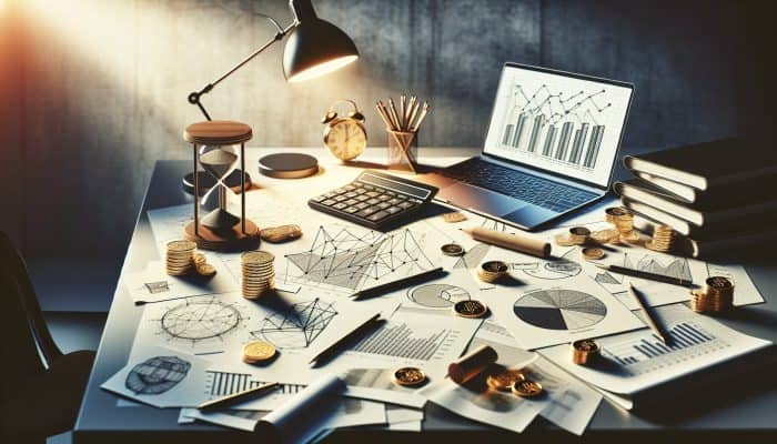 debt consolidation benefits for small business owners | DCL An office desk cluttered with financial statements, revenue and expense graphs, and a laptop displaying a debt consolidation loan application.