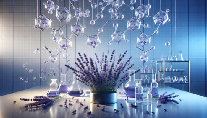 Best Herbs for Panic Attack Relief: A serene lab scene with lavender plants and molecular structures of linalool and linalyl acetate, calming the brain's limbic system.
