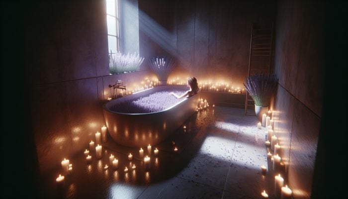 A person relaxing in a lavender-scented bath with candles, promoting mental calm and anxiety relief.