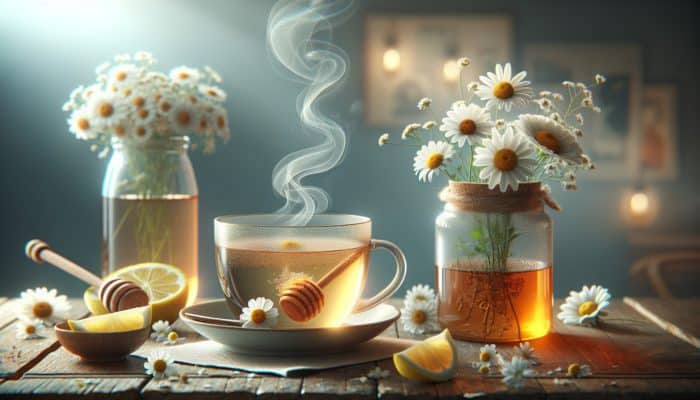 A serene cup of chamomile tea with floating flowers, steam, honey, and lemon on a cozy wooden table.