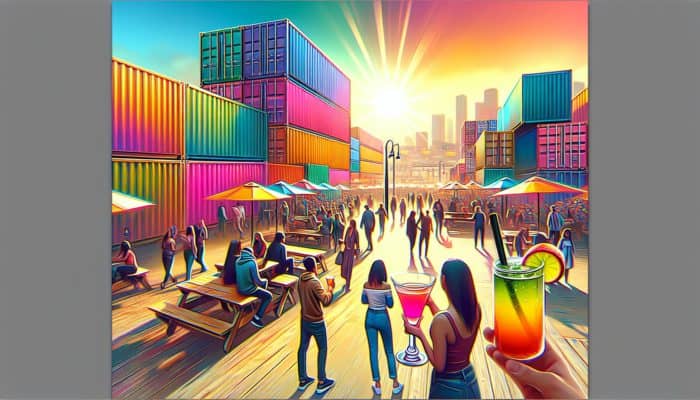 People enjoying diverse drinks at downtown Container Park in a lively, sunlit atmosphere.