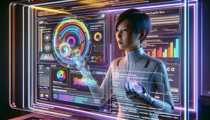 A webmaster monitors Google Search Console data on a holographic display in a futuristic, tech-filled room.