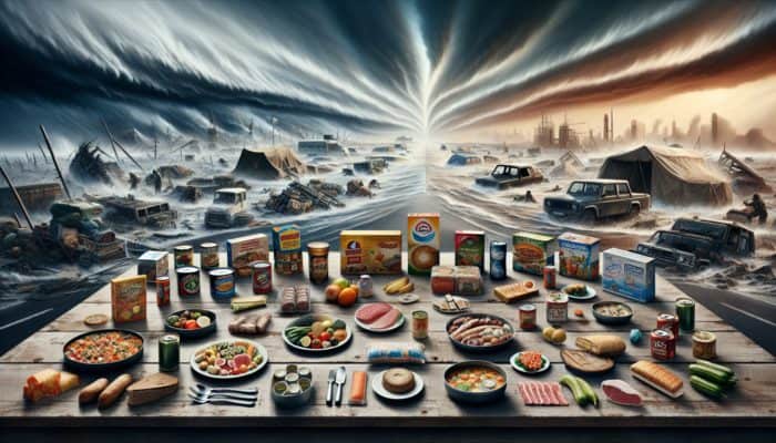 SHTF Food Rations: Emergency food rations on a rustic table amidst scenes of disasters and societal collapse, symbolizing survival and resilience.